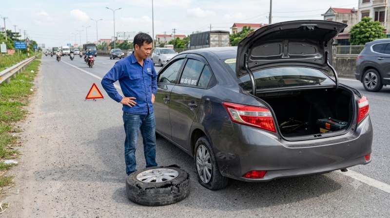 xe nổ lốp thủng lốp mà không có lốp dự phòng